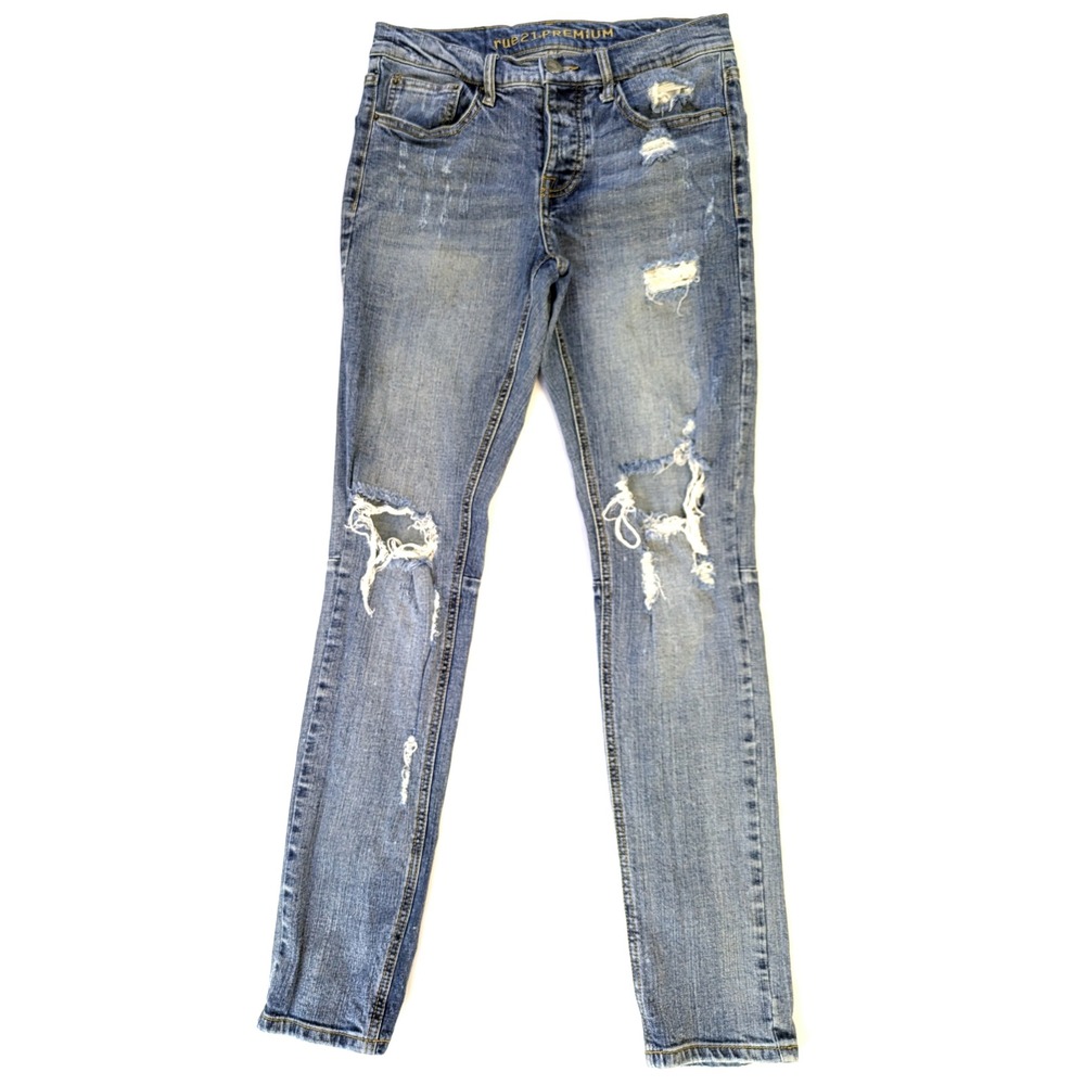 Rue21 Premium Skinny Supreme Flex Distressed Ripped Jeans Blue Mens 30x32